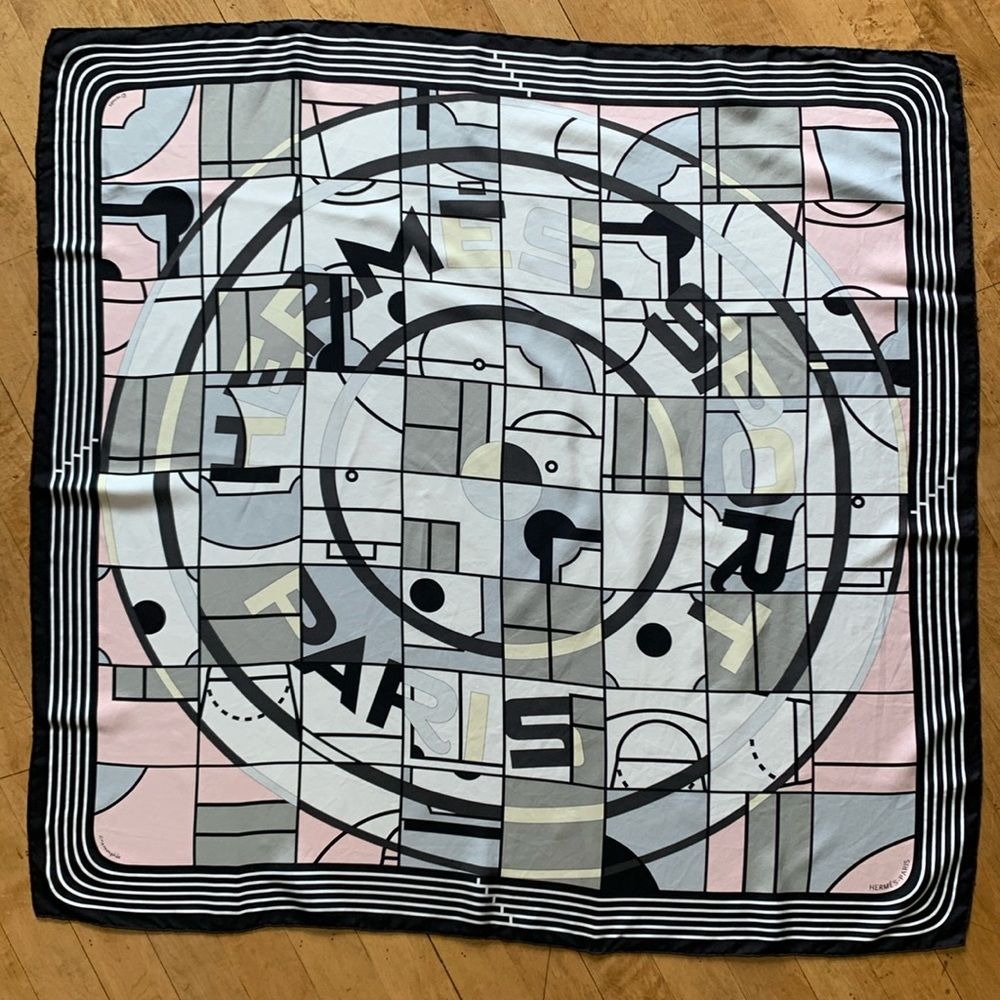 Authentic Herms ‘Sport’ Silk Scarf Pink Gray Yellow Black White 90cm